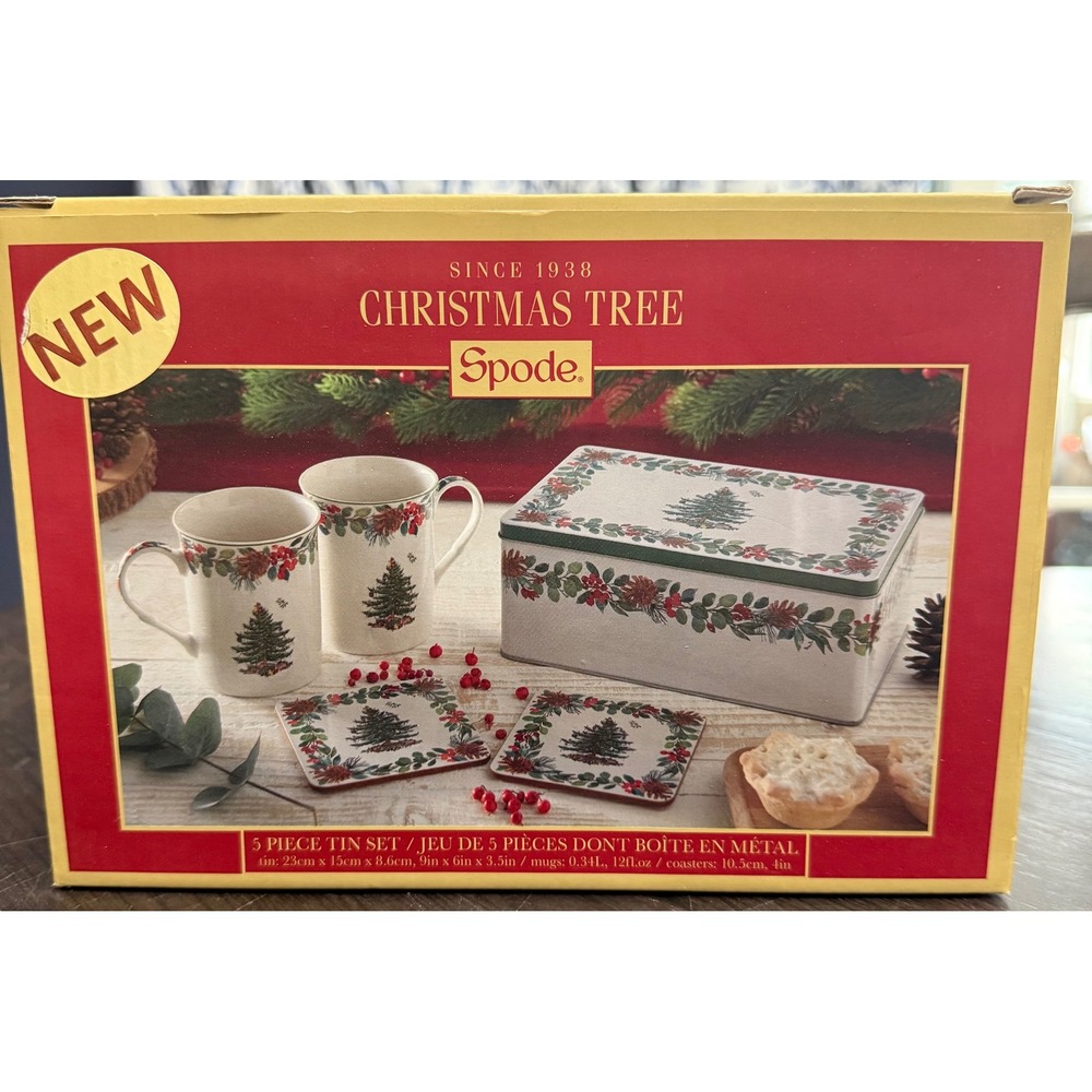 Spode Christmas Tree 5 Piece Tin Set 2 Mugs 2 Coasters Storage Box S3324-A22 NEW